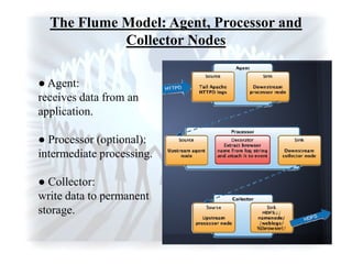 ● Agent:
receives data from an
application.
● Processor (optional):
intermediate processing.
● Collector:
write data to permanent
storage.
The Flume Model: Agent, Processor and
Collector Nodes
 