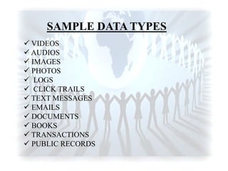 SAMPLE DATA TYPES
 VIDEOS
 AUDIOS
 IMAGES
 PHOTOS
 LOGS
 CLICK TRAILS
 TEXT MESSAGES
 EMAILS
 DOCUMENTS
 BOOKS
 TRANSACTIONS
 PUBLIC RECORDS
 