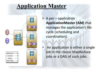 Application Master
• A per – application
ApplicationMaster (AM) that
a ages the appli atio ’s life
cycle (scheduling and
coordination).
• An application is either a single
job in the classic MapReduce
jobs or a DAG of such jobs.
 