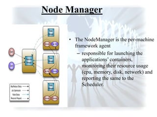 Node Manager
• The NodeManager is the per-machine
framework agent
– responsible for launching the
applications‟ containers,
monitoring their resource usage
(cpu, memory, disk, network) and
reporting the same to the
Scheduler.
 