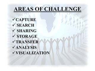 AREAS OF CHALLENGE
CAPTURE
 SEARCH
 SHARING
 STORAGE
TRANSFER
ANALYSIS
VISUALIZATION
 