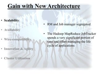 Gain with New Architecture
• RM and Job manager segregated
• The Hadoop MapReduce JobTracker
spends a very significant portion of
time and effort managing the life
cycle of applications
• Scalability
• Availability
• Wire-compatibility
• Innovation & Agility
• Cluster Utilization
 