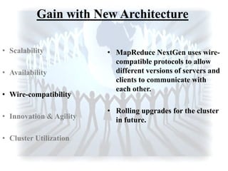 Gain with New Architecture
• MapReduce NextGen uses wire-
compatible protocols to allow
different versions of servers and
clients to communicate with
each other.
• Rolling upgrades for the cluster
in future.
• Scalability
• Availability
• Wire-compatibility
• Innovation & Agility
• Cluster Utilization
 