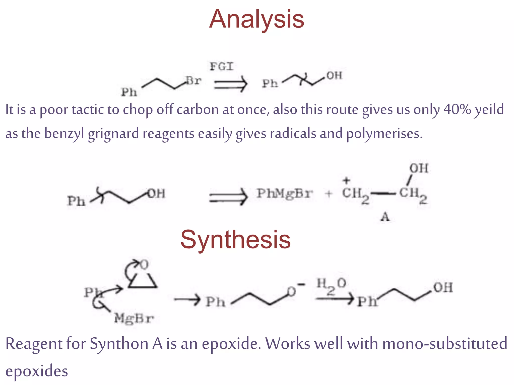 Reagentfor Synthon A is an epoxide. Works wellwithmono-substituted
epoxides
Analysis
Synthesis
It is a poor tactic to chop off carbon at once, also this route gives us only 40% yeild
asthe benzyl grignard reagents easily gives radicalsand polymerises.
 