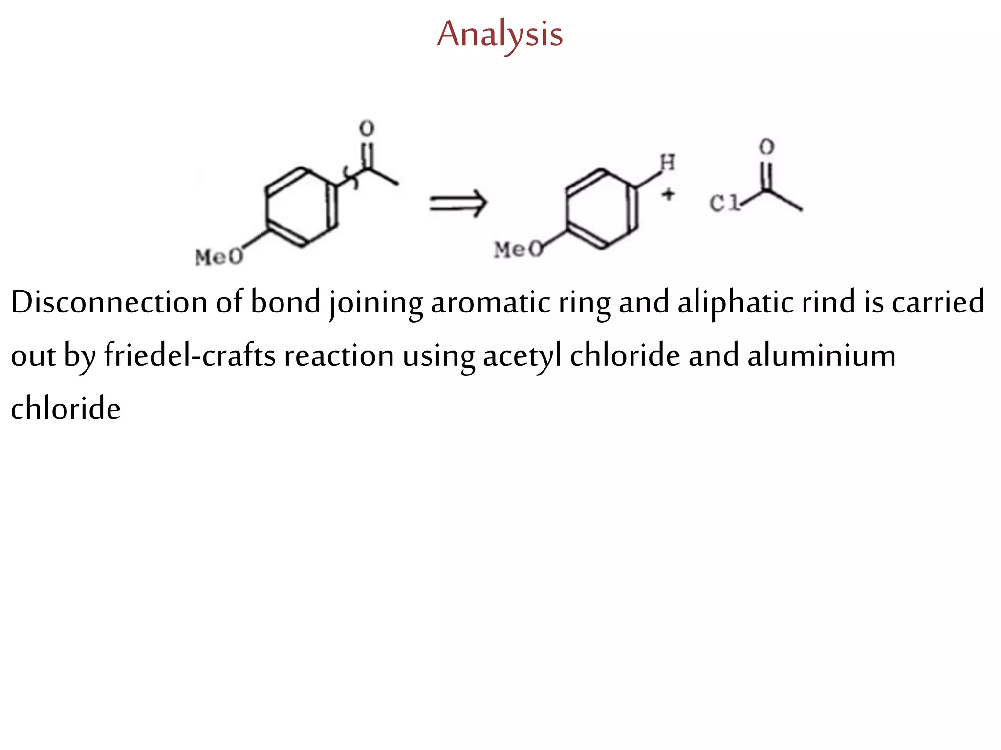 Disconnectionof bond joining aromatic ring and aliphaticrind is carried
out by friedel-crafts reaction usingacetyl chloride and aluminium
chloride
Analysis
 
