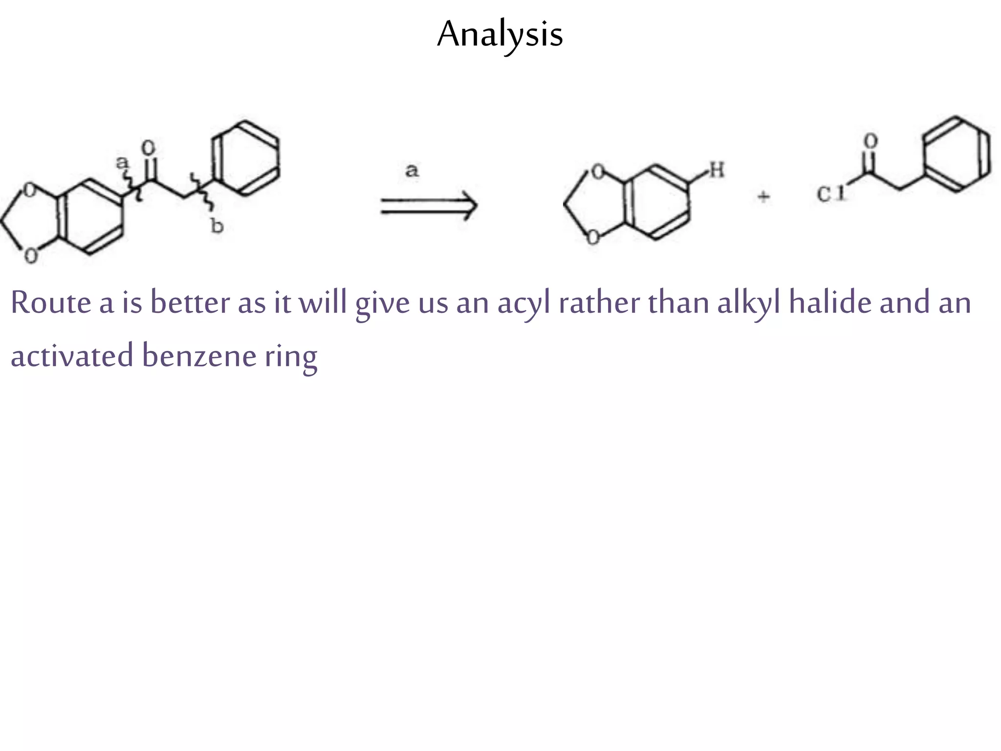 Routea is better as it will give us an acyl rather thanalkyl halideand an
activated benzenering
Analysis
 