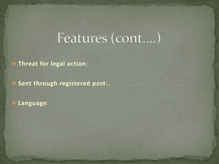  Threat for legal action:
 Sent through registered post:
 Language:
 