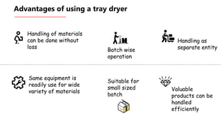 Advantages of using a tray dryer
Handling of materials
can be done without
loss
Batch wise
operation
Suitable for
small sized
batch
Same equipment is
readily use for wide
variety of materials Valuable
products can be
handled
efficiently
Handling as
separate entity
 