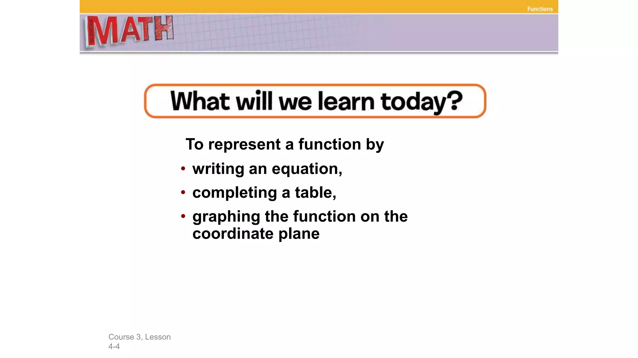 To represent a function by
• writing an equation,
• completing a table,
• graphing the function on the
coordinate plane
Course 3, Lesson
4-4
Functions
 