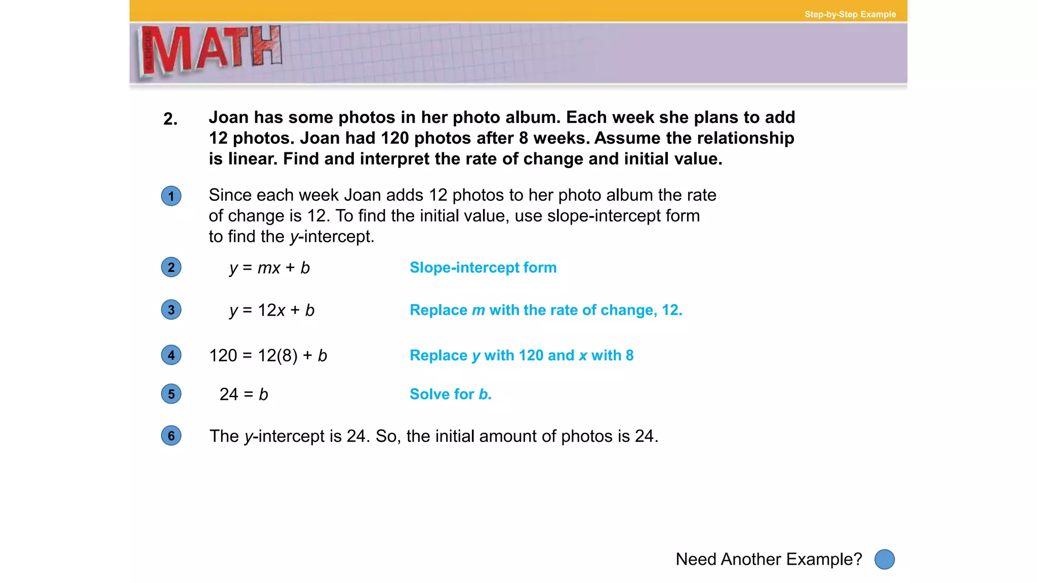 1
Need Another Example?
2
3
4
5
6
Step-by-Step Example
2. Joan has some photos in her photo album. Each week she plans to add
12 photos. Joan had 120 photos after 8 weeks. Assume the relationship
is linear. Find and interpret the rate of change and initial value.
Since each week Joan adds 12 photos to her photo album the rate
of change is 12. To find the initial value, use slope-intercept form
to find the y-intercept.
The y-intercept is 24. So, the initial amount of photos is 24.
y = mx + b Slope-intercept form
y = 12x + b Replace m with the rate of change, 12.
120 = 12(8) + b Replace y with 120 and x with 8
24 = b Solve for b.
 
