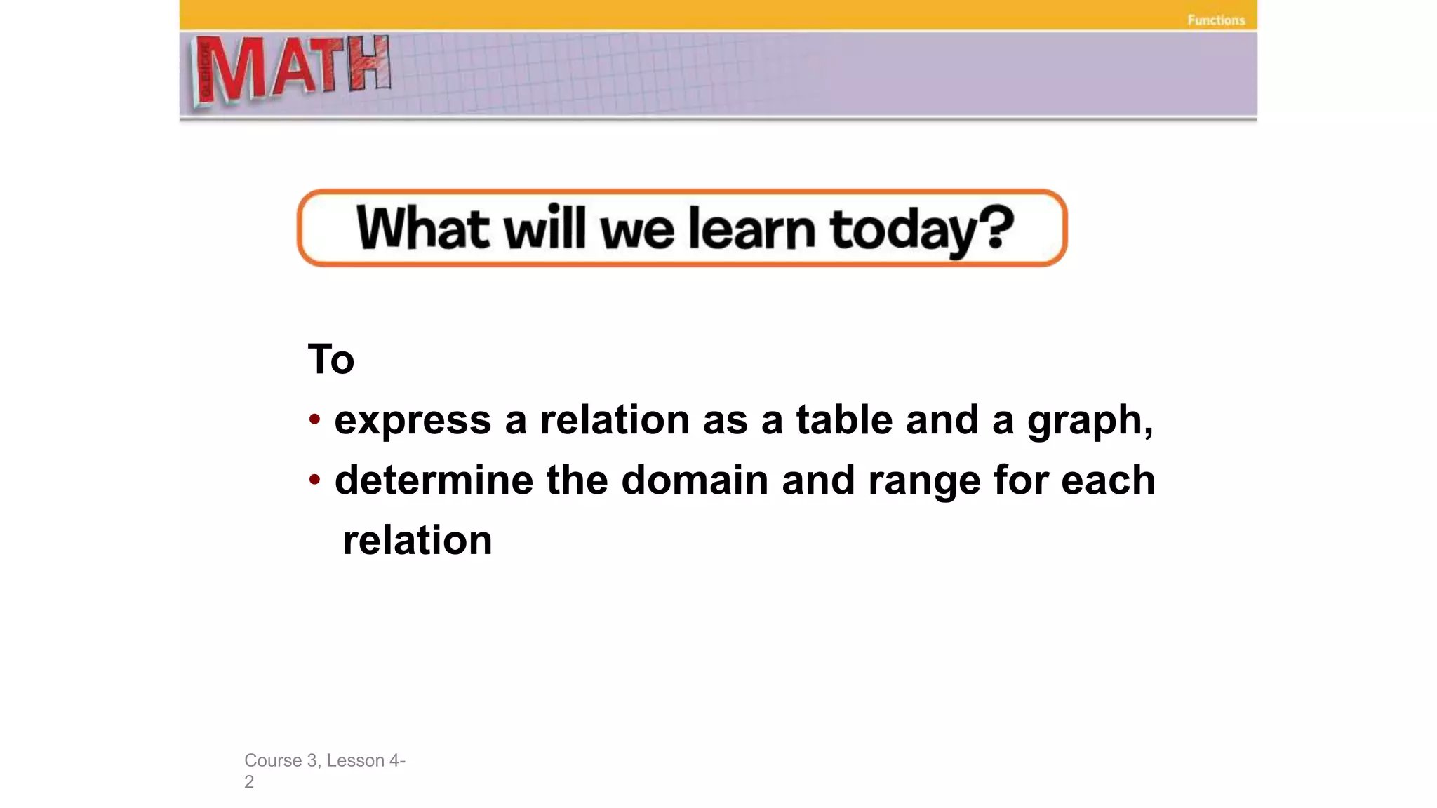 To
• express a relation as a table and a graph,
• determine the domain and range for each
relation
Course 3, Lesson 4-
2
Functions
 
