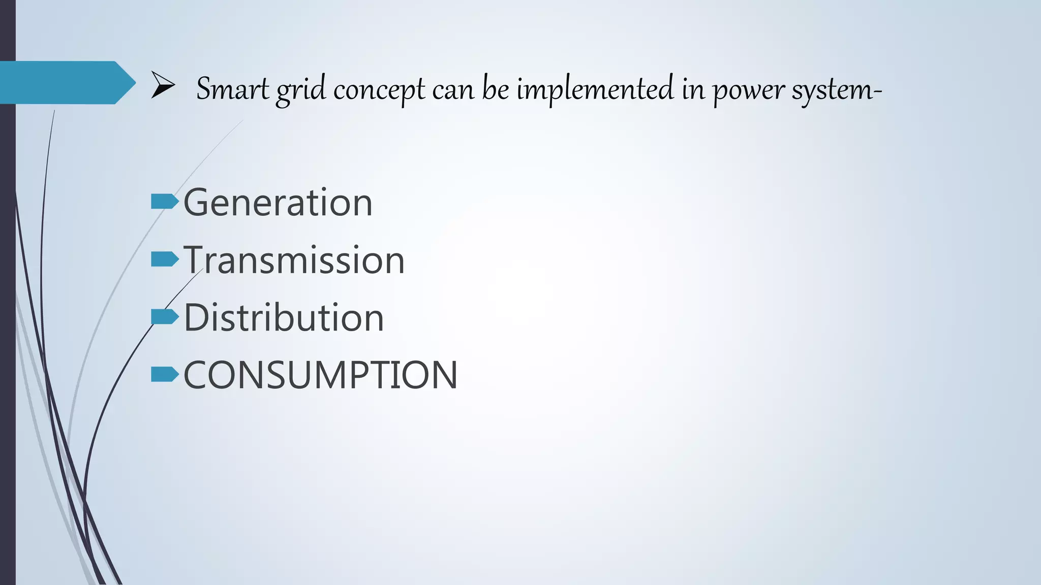  Smart grid concept can be implemented in power system-
Generation
Transmission
Distribution
CONSUMPTION
 