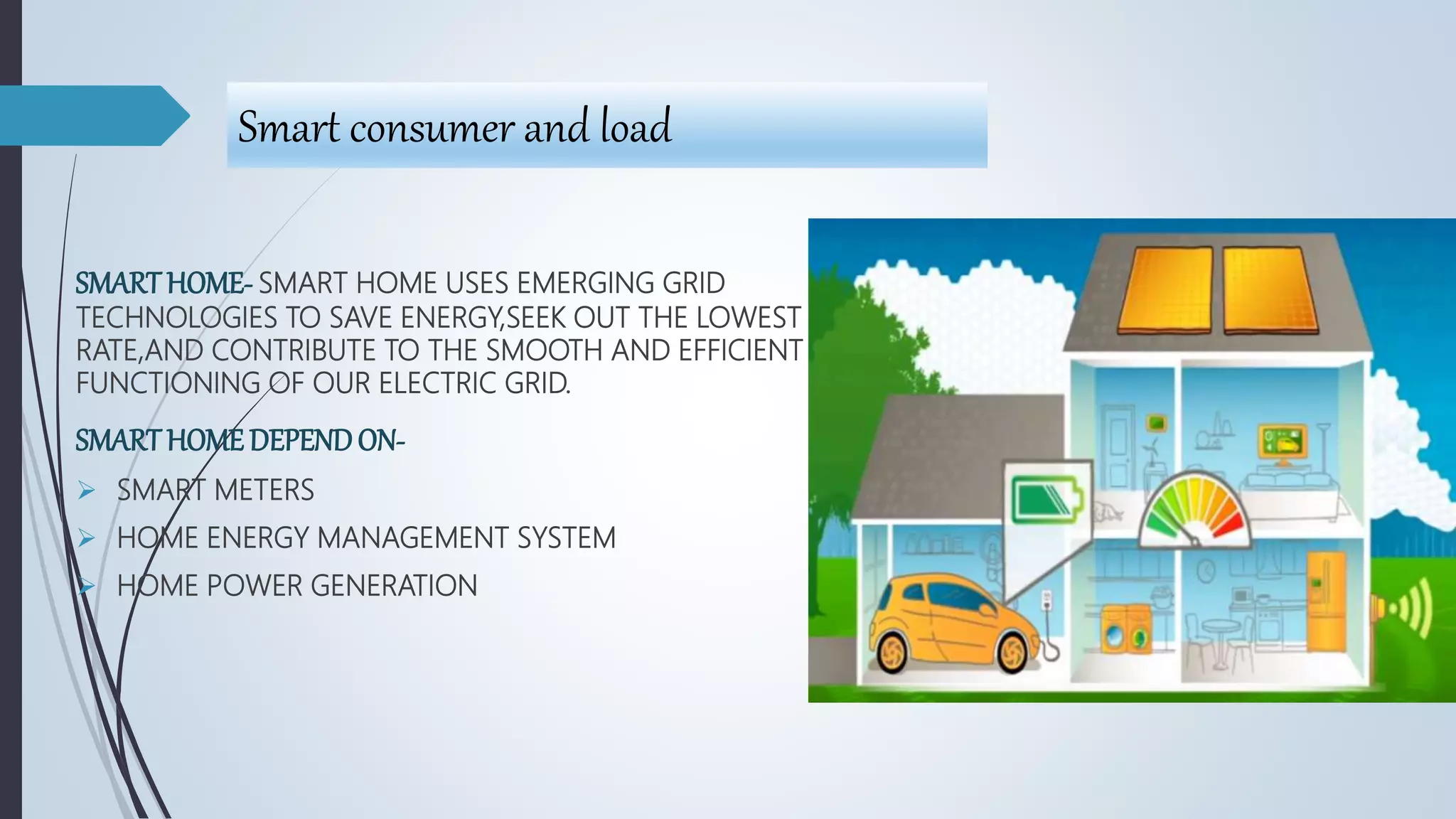 Smart consumer and load
SMARTHOME- SMART HOME USES EMERGING GRID
TECHNOLOGIES TO SAVE ENERGY,SEEK OUT THE LOWEST
RATE,AND CONTRIBUTE TO THE SMOOTH AND EFFICIENT
FUNCTIONING OF OUR ELECTRIC GRID.
SMARTHOMEDEPENDON-
 SMART METERS
 HOME ENERGY MANAGEMENT SYSTEM
 HOME POWER GENERATION
 