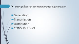  Smart grid concept can be implemented in power system-
Generation
Transmission
Distribution
CONSUMPTION
 