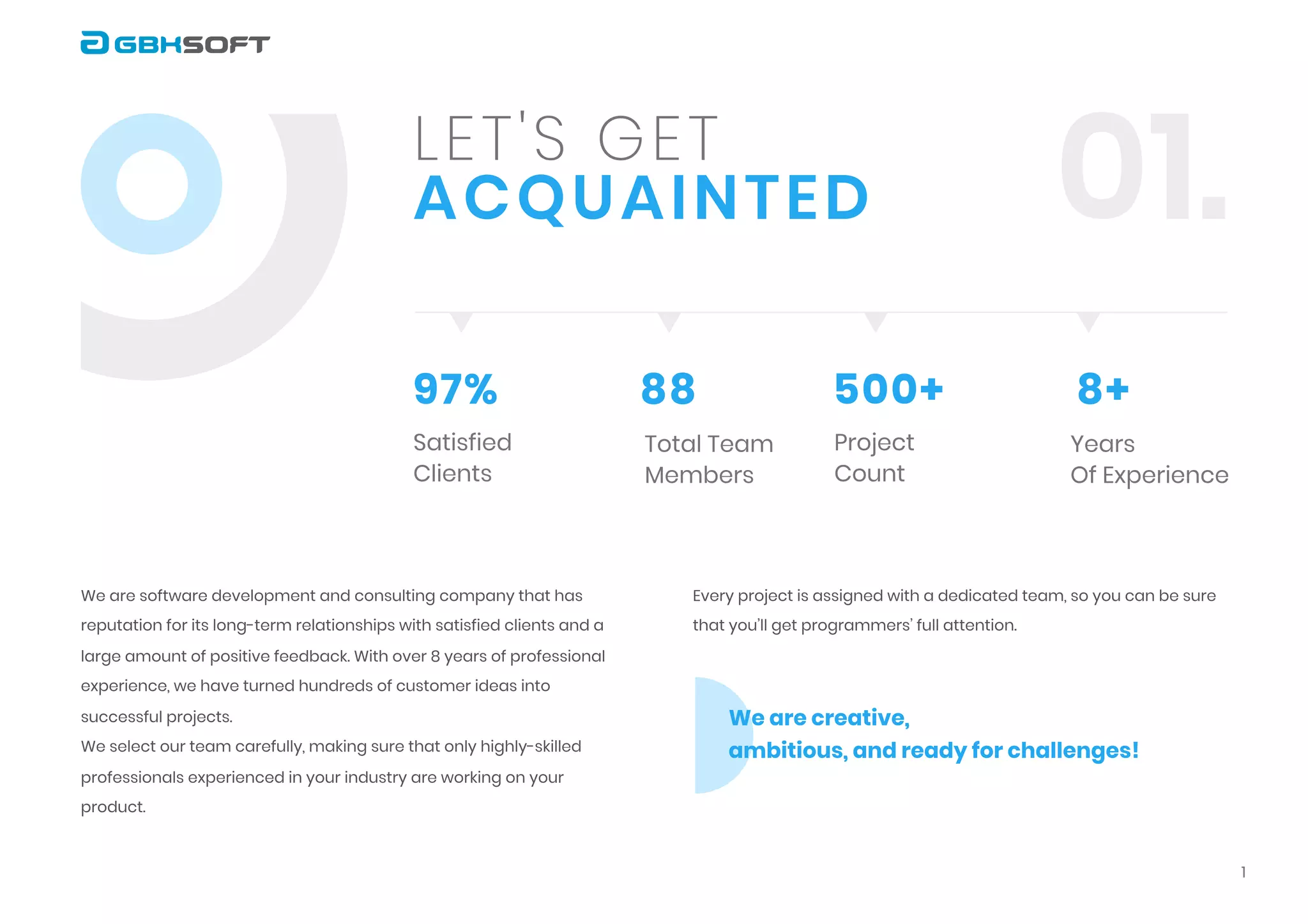 acquainted 01.Let's get
We are software development and consulting company that has
reputation for its long-term relationships with satisfied clients and a
large amount of positive feedback. With over 8 years of professional
experience, we have turned hundreds of customer ideas into
successful projects. 

We select our team carefully, making sure that only highly-skilled
professionals experienced in your industry are working on your
product. 

Every project is assigned with a dedicated team, so you can be sure
that you’ll get programmers’ full attention.
We are creative, 

ambitious, and ready for challenges!
1
Satisfied

Clients
Project

Count
Total Team
Members
Years

Of Experience
97% 500+88 8+
 