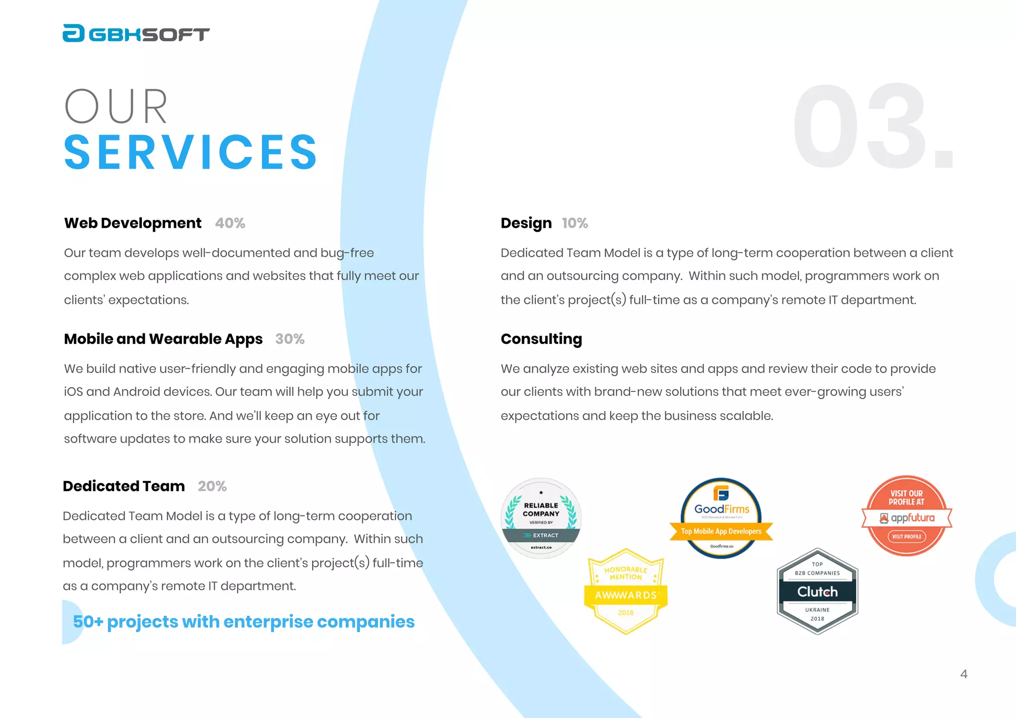03.services
our
Our team develops well-documented and bug-free
complex web applications and websites that fully meet our
clients’ expectations.
Web Development 40% 10%
30%
20%
Dedicated Team Model is a type of long-term cooperation
between a client and an outsourcing company. Within such
model, programmers work on the client’s project(s) full-time
as a company’s remote IT department.
50+ projects with enterprise companies
Dedicated Team
Dedicated Team Model is a type of long-term cooperation between a client
and an outsourcing company. Within such model, programmers work on
the client’s project(s) full-time as a company’s remote IT department.
Design
We analyze existing web sites and apps and review their code to provide
our clients with brand-new solutions that meet ever-growing users’
expectations and keep the business scalable.
Consulting
We build native user-friendly and engaging mobile apps for
iOS and Android devices. Our team will help you submit your
application to the store. And we’ll keep an eye out for
software updates to make sure your solution supports them.
Mobile and Wearable Apps
4
 