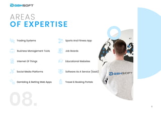 11
o f e x p e r t i s e
A r e a s
08.
Trading Systems
Business Management Tools
Internet of Things
Social Media Platforms
Gambling & Betting Web Apps
Sports and Fitness App
Job Boards
Educational Websites
Software as a Service (SaaS)
Travel & Booking Portals
 