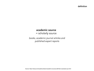 academic source
= scholarly source
books, academic journal articles and
published expert reports
Source: https://study.com/academy/lesson/academic-sources-deﬁnition-examples-quiz.html
deﬁnition
 
