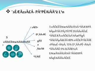  ¨sÉÆÃzsÀ£Á- PÀ°PÉAiÀÄ°è L¹n
5
eÁÕ£ÉÃA¢æAiÀÄUÀ¼ÀÄ
zÀÈ¶×
D°¸ÀÄ«PÉ
gÀÄ
a
¸Àà±Àð
ªÁ¸À£É
5 eÁÕ£ÉÃA¢æAiÀÄUÀ¼À ªÀÄÆ®PÀ
¥ÀjuÁªÀÄ PÁj PÀ°PÉ DUÀÄvÀÛzÉ.
ªÀÄ£ÉÆÃ«eÁÕ£ÀzÀ ¥ÀæPÁgÀ
ªÀÄ£ÀÄµÀå£ÀÄ 80% eÁÕ£ÀªÀ£ÀÄß
«PÀëuÉ¬ÄAzÀ, 15% D°¸ÀÄ«PÉ¬ÄAzÀ
ªÀÄvÀÄÛ 5% E£ÀÄß½zÀ
EA¢æÃAiÀÄUÀ¼À ªÀÄÆ®PÀ
¥ÀqÉAiÀÄÄvÁÛ£É.
 