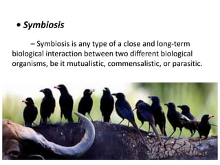 • Symbiosis
– Symbiosis is any type of a close and long-term
biological interaction between two different biological
organisms, be it mutualistic, commensalistic, or parasitic.
 