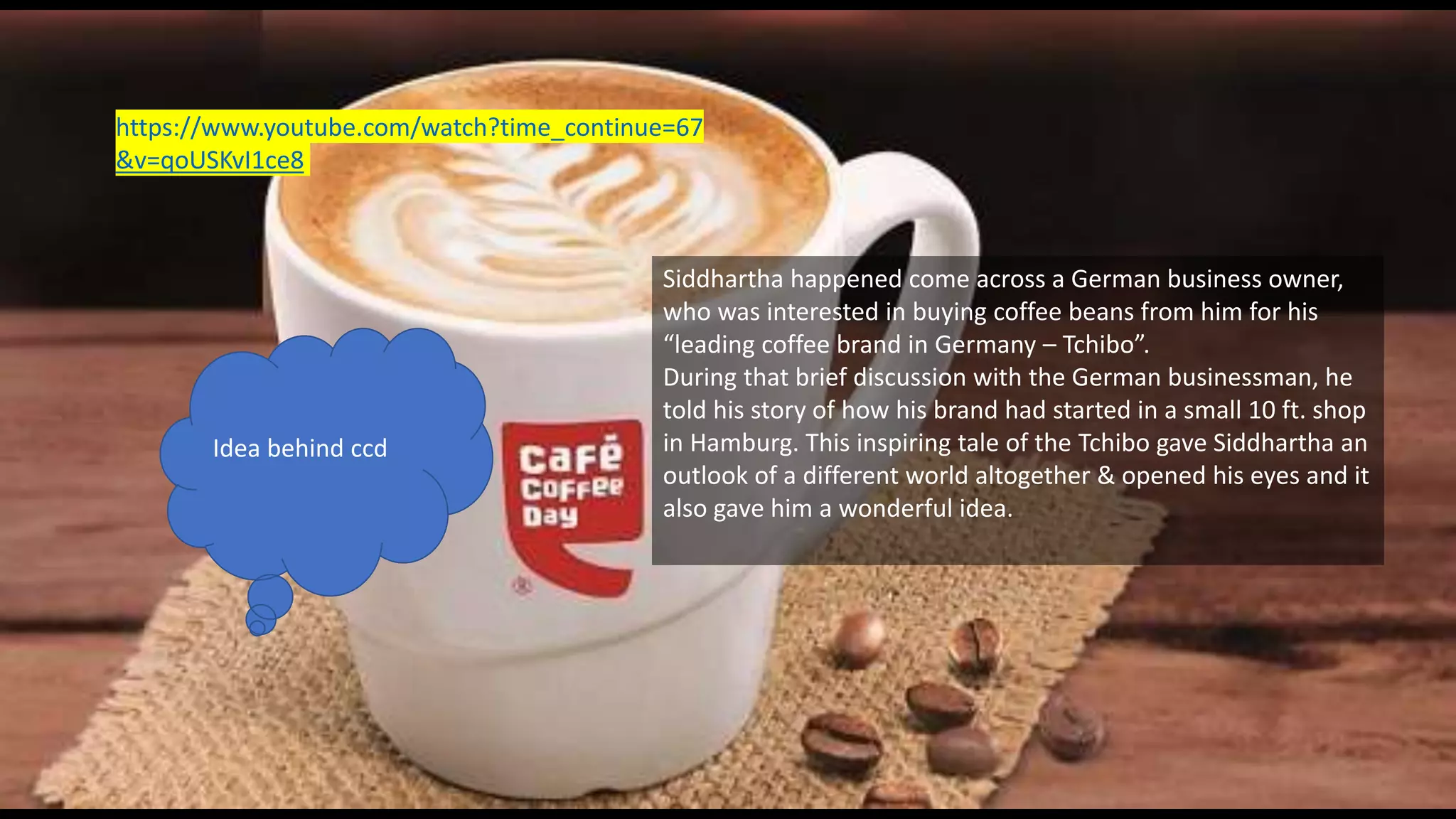 https://www.youtube.com/watch?time_continue=67
&v=qoUSKvI1ce8
Siddhartha happened come across a German business owner,
who was interested in buying coffee beans from him for his
“leading coffee brand in Germany – Tchibo”.
During that brief discussion with the German businessman, he
told his story of how his brand had started in a small 10 ft. shop
in Hamburg. This inspiring tale of the Tchibo gave Siddhartha an
outlook of a different world altogether & opened his eyes and it
also gave him a wonderful idea.
Idea behind ccd
 