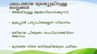 ഫല്രദമോയ മുലയൂട്ടലിനുള്ള
തടസ്സങ്ങൾ
• അമ്മയിലുള്ള ആത്മവിശവോസക്കുെവ്
• മുലപ്പോൽ രരയോപ്തമറലലന്ന വിശവോസം
• മതിയോയ രിന്തുണോ സംവിധോനത്തിന്റെ
അഭോവം
• മുമ്പറത്ത സ്തന ശസ്്ത്കിയയുറട െരി്തം
 