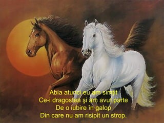 Abia atunci eu am simţit Ce-i dragostea şi am avut parte De o iubire în galop Din care nu am risipit un strop. 