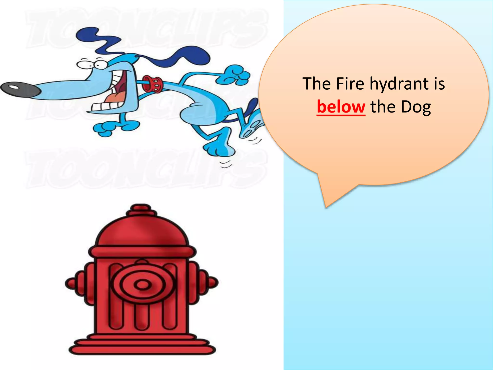 The Fire hydrant is
below the Dog