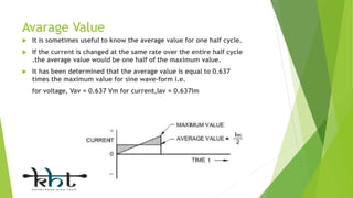 Avarage Value
 It is sometimes useful to know the average value for one half cycle.
 If the current is changed at the same rate over the entire half cycle
.the average value would be one half of the maximum value.
 It has been determined that the average value is equal to 0.637
times the maximum value for sine wave-form i.e.
for voltage, Vav = 0.637 Vm for current,Iav = 0.637Im
 