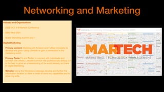 Networking and Marketing
Industry and Organizations
• 2020 OCT 6-8 Martech Conference

• SMX West 2021 

• Brand Marketing Summit 2021

Digital Marketing
• Primary content: Working with Amazon and FullSail University to
develop and grow. Using LinkedIn to gain a connection to the
marketing world.

• Primary Tools: Fb and Twitter to connect with individuals and
connect with others. LinkedIn connect with professionals already out
in the ﬁeld to grow an understanding of the world already out there
in Digital Marketing.

• Website: Using the Wordpress webpage develop and further the
information located on there in order to show my capabilities and to
show my skills. 

 