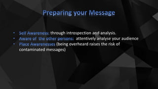 through introspection and analysis.
attentively analyse your audience
(being overheard raises the risk of
contaminated messages)
 