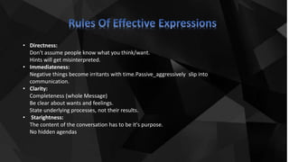 • Directness:
Don't assume people know what you think/want.
Hints will get misinterpreted.
• Immediateness:
Negative things become irritants with time.Passive_aggressively slip into
communication.
• Clarity:
Completeness (whole Message)
Be clear about wants and feelings.
State underlying processes, not their results.
• Starightness:
The content of the conversation has to be it's purpose.
No hidden agendas
 