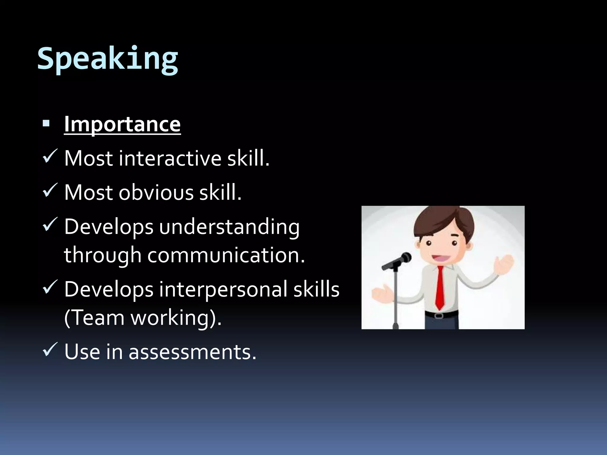 Speaking
 Importance
 Most interactive skill.
 Most obvious skill.
 Develops understanding
through communication.
 Develops interpersonal skills
(Team working).
 Use in assessments.
 