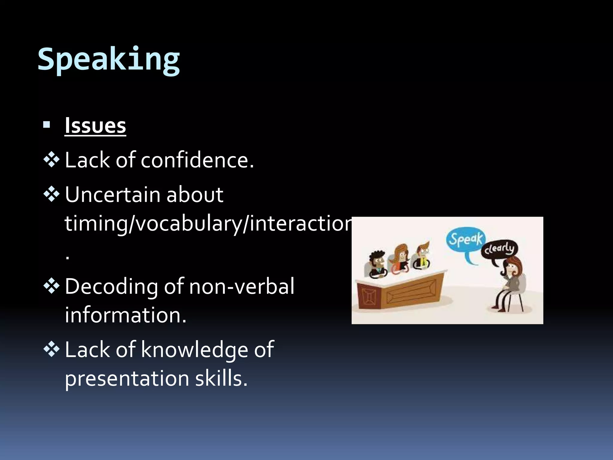Speaking
 Issues
Lack of confidence.
Uncertain about
timing/vocabulary/interaction
.
Decoding of non-verbal
information.
Lack of knowledge of
presentation skills.
 