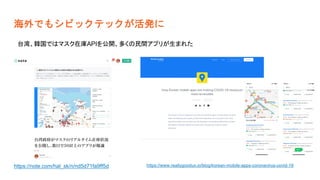 海外でもシビックテックが活発に
https://note.com/hal_sk/n/nd5d71fa9ff5d
台湾、韓国ではマスク在庫APIを公開、多くの民間アプリが生まれた
https://www.reallygoodux.io/blog/korean-mobile-apps-coronavirus-covid-19
 