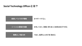 Social Technology Officerとは？
経営レベルでのIT戦略 をサポートする人
職業として魅力的 であり、優秀な人材が多く集まる
ソーシャル領域の知識 を有しており、現場に寄り添った意思決定ができる
 