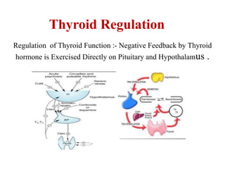 Thyroid Regulation
Regulation of Thyroid Function :- Negative Feedback by Thyroid
hormone is Exercised Directly on Pituitary and Hypothalamus .
 