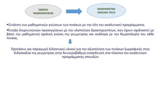 Σύνδεση των μαθηματικών γνώσεων των πινάκων με την ύλη του αναλυτικού προγράμματος
Ένταξη διερευνητικών προσεγγίσεων με την υλοποίηση δραστηριοτήτων, που έχουν σχεδιαστεί με
βάση την μαθηματική σχολική γνώση της γεωμετρίας και ανάλογα με την θεματολογία του κάθε
πίνακα,
Προτάσεις και παραγωγή διδακτικού υλικού για την αξιοποίηση των πινάκων ζωγραφικής στην
διδασκαλία της γεωμετρίας στην δευτεροβάθμια εκπαίδευση στα πλαίσια του αναλυτικού
προγράμματος σπουδών
ΕΚΘΕΣΗ
ΜΑΘΗΜΑΤΙΚΩΝ
ΜΑΘΗΜΑΤΙΚΗ
ΣΧΟΛΙΚΗ ΤΑΞΗ
 