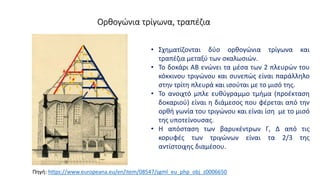 Ορθογώνια τρίγωνα, τραπέζια
Α Β
• Σχηματίζονται δύο ορθογώνια τρίγωνα και
τραπέζια μεταξύ των σκαλωσιών.
• Το δοκάρι ΑΒ ενώνει τα μέσα των 2 πλευρών του
κόκκινου τριγώνου και συνεπώς είναι παράλληλο
στην τρίτη πλευρά και ισούται με το μισό της.
• Το ανοιχτό μπλε ευθύγραμμο τμήμα (προέκταση
δοκαριού) είναι η διάμεσος που φέρεται από την
ορθή γωνία του τριγώνου και είναι ίση με το μισό
της υποτείνουσας.
• Η απόσταση των βαρυκέντρων Γ, Δ από τις
κορυφές των τριγώνων είναι τα 2/3 της
αντίστοιχης διαμέσου.
Πηγή: https://www.europeana.eu/en/item/08547/sgml_eu_php_obj_z0006650
Γ
Δ
 