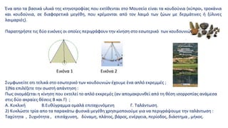 Ένα απο τα βασικά υλικά της κτηνοτροφίας που εκτίθενται στο Μουσείο είναι τα κουδούνια (κύπροι, τροκάνια
και κουδούνια, σε διαφορετικά μεγέθη, που κρέμονται από τον λαιμό των ζώων με δερμάτινες ή ξύλινες
λαιμαριές).
Παρατηρήστε τις δύο εικόνες οι οποίες περιγράφουν την κίνηση στο εσωτερικό των κουδουνιών.
Εικόνα 1 Εικόνα 2
Συμφωνείτε οτι τελικά στο εσωτερικό των κουδουνιών έχουμε ένα απλό εκρεμμές ;
1)Να επιλέξετε την σωστή απάντηση :
Πως ονομάζεται η κίνηση που εκτελεί το απλό εκκρεμές (αν απομακρυνθεί από τη θέση ισορροπίας ανάμεσα
στις δύο ακραίες θέσεις Β και Γ) ;
A. Κυκλική Β.Ευθύγραμμα ομαλά επιταχυνόμενη Γ. Ταλάντωση.
2) Κυκλώστε τρία απο τα παρακάτω φυσικά μεγέθη χρησιμοποιούμε για να περιγράψουμε την ταλάντωση :
Ταχύτητα , Συχνότητα , επιτάχυνση, δύναμη, πλάτος, βάρος, ενέργεια, περίοδος, διάστημα , μήκος.
 
