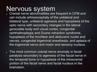 Nervous system
Cranial nerve abnormalities are frequent in CFM and
can include arhinencephaly of the unilateral and
bilateral type, unilateral agenesis and hypoplasia of the
optic nerve with secondary changes in the lateral
geniculate body and visual cortex, congenital
ophthalmoplegia and Duane retraction syndrome,
hypoplasia of the trochlear and abducens nuclei and
nerves, congenital trigeminal anesthesia, and aplasia of
the trigeminal nerve and motor and sensory nucleus.
The most common cranial nerve anomaly is facial
paralysis secondary to agenesis of the facial nerve in
the temporal bone or hypoplasia of the intracranial
portion of the facial nerve and facial nucleus in the
brainstem.
 