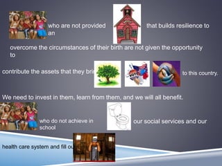 who are not provided
an
that builds resilience to
overcome the circumstances of their birth are not given the opportunity
to
contribute the assets that they bring
We need to invest in them, learn from them, and we will all benefit.
to this country.
who do not achieve in
school
our social services and our
health care system and fill our
 