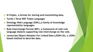  N-Triples, a format for storing and transmitting data.
 Turtle ( Terse RDF Triple Language)
 Ontology Web Language (OWL),a family of knowledge
representation languages.
 Rule Interchange Format (RIF), a framework of web rule
language dialects supporting rule interchange on the web.
 Javascript Object Notation For Linked Data (JSON-LD), a JSON-
based method to describe data.
 
