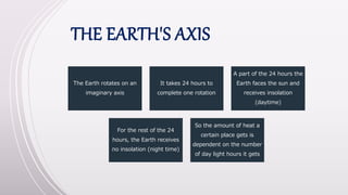 THE EARTH'S AXIS
The Earth rotates on an
imaginary axis
It takes 24 hours to
complete one rotation
A part of the 24 hours the
Earth faces the sun and
receives insolation
(daytime)
For the rest of the 24
hours, the Earth receives
no insolation (night time)
So the amount of heat a
certain place gets is
dependent on the number
of day light hours it gets
 
