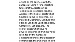 owned by the business with the
purpose of using it for generating
futureprofits. Assets can be
Tangible and Intangible. Tangible
Assets are the Capital assets which
havesome physical existence. e.g.
Plant and Machinery,Furniture and
Fittings, Land and Buildings, Books,
Computers, Vehicles, etc. The
capital assets whichhave no
physical existence and whose value
is limited by the rights and
anticipated benefits thatpossession
confers upon the owner are known
 