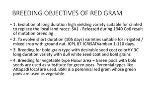 BREEDING OBJECTIVES OF RED GRAM
• 1. Evolution of long duration high yielding variety suitable for rainfed
to replace the local land races: SA1 - Released during 1940 Co6 result
of mutation breeding
• 2. To evolve short duration (105 days) varieties suitable for irrigated /
mixed crop with ground nut. ICPL 87-ICRISATVamban 1-110 days.
• 3. Breeding for bold grain type with desirable seed coat colorHY 3C
long duration variety with dull white seed coat and bold grains
• 4. Breeding for vegetable type Hosur area – Green pods with bold
seeds are used as substitute for green peas. Perennial types like
Attapadi local are used. BSRI is a perennial red gram whose green
pods are used as vegetable.
 
