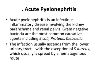 . Acute Pyelonephritis
• Acute pyelonephritis is an infectious
inflammatory disease involving the kidney
parenchyma and renal pelvis. Gram negative
bacteria are the most common causative
agents including E coli, Proteus, Klebsiella
• The infection usually ascends from the lower
urinary tract—with the exception of S aureus,
which usually is spread by a hematogenous
route
 