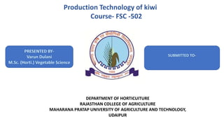 Production Technology of kiwi
Course- FSC -502
DEPARTMENT OF HORTICUITURE
RAJASTHAN COLLEGE OF AGRICULTURE
MAHARANA PRATAP UNIVERSITY OF AGRICULTURE AND TECHNOLOGY,
UDAIPUR
 