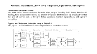 Summary of Method/Technique:
The paper surveys various techniques for facial affect analysis, including facial feature detection and
tracking, facial expression recognition, and emotion recognition. The techniques are categorized based on
the level of analysis, such as low-level feature extraction, mid-level representation, and high-level
recognition.
Type of Data/Simulation versus case study or theoretical:
The paper is a theoretical review of the existing literature on facial affect analysis.
Automatic Analysis of Facial Affect: A Survey of Registration, Representation, and Recognition.
 