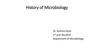 History of Microbiology
Dr. Suchitra Shah
1st year Resident
Department of Microbiology
 